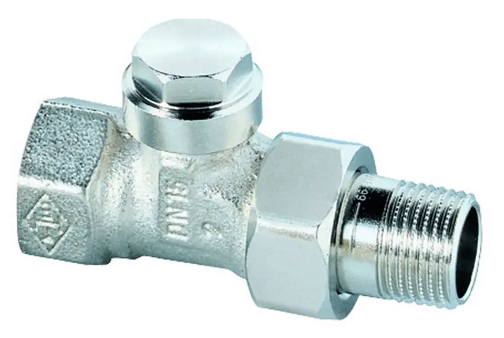 Verschraubung aus vernickeltem Rotguß mit einer Durchgangsform, hergestellt von IMI Hydronic Engineering. Geeignet für verschiedene Rohrverbindungen.